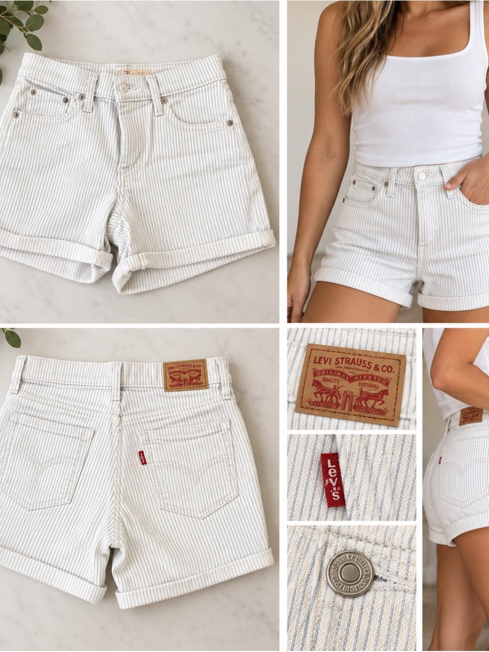 Levi's White with Faint Blue Pinstripe Mid Length Denim Shorts